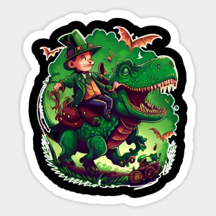 Funny Leprechaun Riding T-rex Sticker